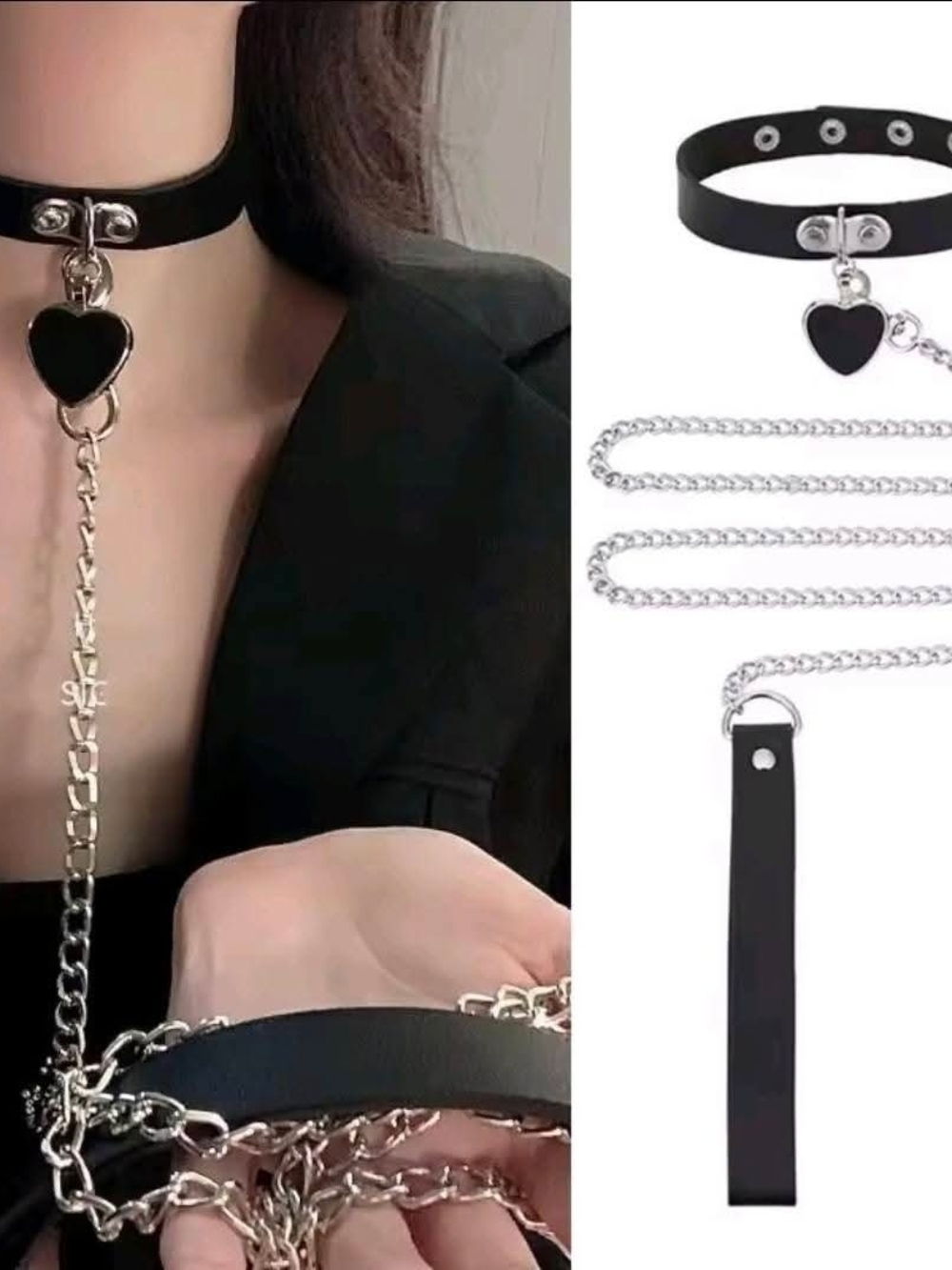 Black Heart Pendant Choker with Silver Chain Leash - Women Accessories
